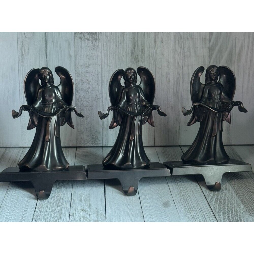 3 Rare Bronze Color Angel Christmas Stocking Hanger Banner Wings Heavy. Scratch
